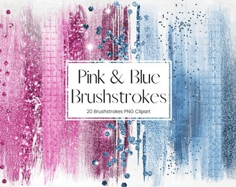 Pink and Blue Glitter and Foil Brushstroke Clipart, Sparkling Brush Stroke Paint Clipart, Transparent PNG Metal Glitter Paint, Commercial