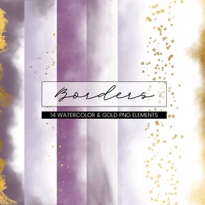14 Purple Watercolor and Gold Foil Borders clipart lavender star hand painted transparent png frames brush strokes invitation commercial use