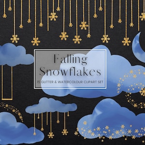 Aquarell Wolken und Glitzer Schneeflocke Clipart, Gold Glitter fallende Schneeflocken, blaue Aquarell Wolken, PNG Winter Schnee Urlaub Clip Art