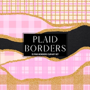 Rutig kant Clipart, digital guldglitter rosa tartanmönster kant och ramar, inbjudningshelg PNG kantdelare clipart