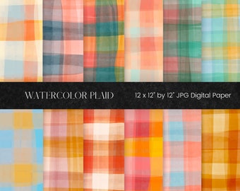 Colourful Watercolor, Plaid Digital Paper, Pink Yellow Tartan Pattern, Blue Plaid Background, Holiday Printable Digital Scrapbooking