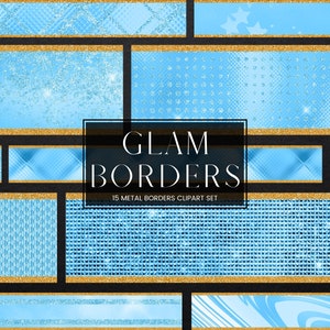 Blue Glitter Glam Border Clipart, Luxury Gold Glitter Metal Foil PNG Borders, Blue Dividers and Frame Clip Art, Commercial Use