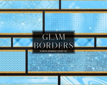 Blue Glitter Glam Border Clipart, Luxury Gold Glitter Metal Foil PNG Borders, Blue Dividers and Frame Clip Art, Commercial Use