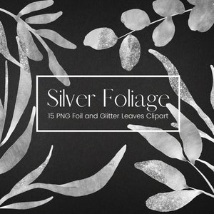 Silver Foil and Glitter Leaves Clipart, Eucalyptus Foliage Clip Art, Transparent PNG Leaf Overlays, Wedding Invitation Clipart