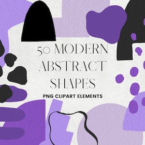 50 Abstract Shape Clip Art, Modern Purple and Black Brushstroke Shapes Clipart, Modern Paint PNG Digital Shapes, Commercial use