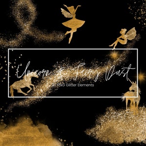 May include: A set of 27 gold glitter elements featuring a unicorn, fairies, and stars. The elements are perfect for adding a touch of magic to your digital designs.