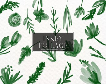 Inky Watercolour Flower Clipart, Green Boho Botanical PNG florals, Transparent Watercolor Modern Foliage Wedding Clip Art