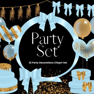 Blue and Gold Glitter Party Clipart Set, Blue Balloon Clipart, Party Decorations, Invitation Graphics, Birthday Cake Clipart
