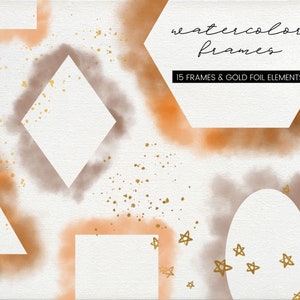 15 Ton Aquarell und GoldFolie Rahmen Clipart, orange von Hand bemalt Rahmen, transparente Png Rahmen Aquarell Einladung, kommerzielle Nutzung