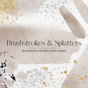 ClipArt di tratti di pennello acquerello beige, PNG Glitter oro Splatter, spruzzi d'argento Clipart, pennellate astratte di pittura ad acquerello