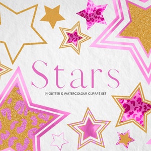 Aquarela rosa e glitter estrela clipart, ouro glitter estrelas PNG, aquarela leopardo impressão animal estrela digital, ouro céu noturno clipart
