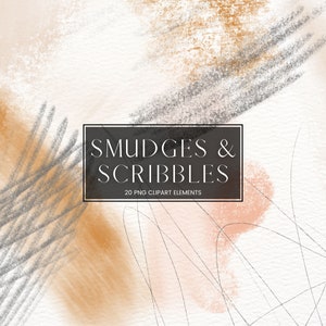 Puede incluir: Una ilustración digital de 20 manchas y garabatos abstractos de acuarela y lápiz en tonos marrones, grises y rosados. El texto "SMUDGES & SCRIBBLES 20 PNG CLIPART ELEMENTS" está en un rectángulo negro.