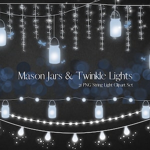 Blue Mason Jars String lights clipart, Glow Fairy light Clip Art, PNG Transparent Rustic Party Lights, Christmas Lights, Commercial use