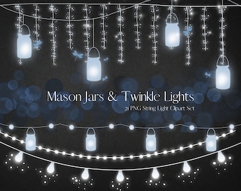 Blue Mason Jars String lights clipart, Glow Fairy light Clip Art, PNG Transparent Rustic Party Lights, Christmas Lights, Commercial use