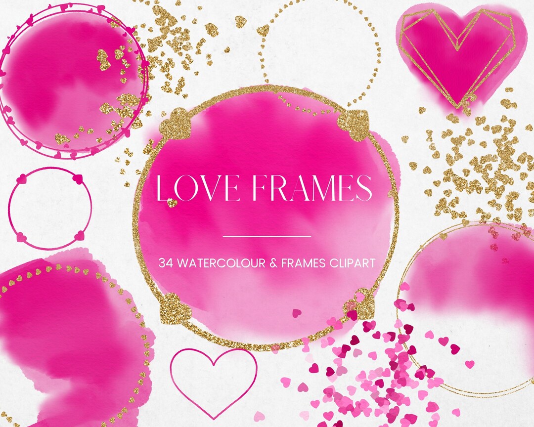 Heart Watercolour and Gold Frames Clipart, Pink and Gold Glitter Frames ...