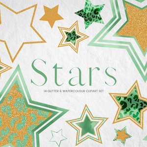 Aquarela verde e glitter estrela clipart, ouro glitter estrelas PNG, aquarela leopardo impressão animal estrela digital, ouro céu noturno clipart