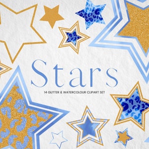 Aquarela azul e glitter estrela clipart, ouro glitter estrelas PNG, aquarela leopardo impressão animal estrela digital, céu noturno dourado clipart