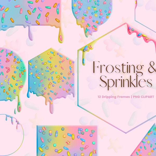 Dripping Frosting Frames with Sprinkles Clipart, Square, Circle Dipping Frame, PNG Rainbow Icing Drips, Birthday Invitation Clipart