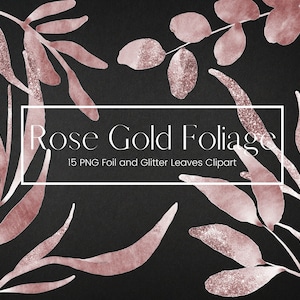 Rose Gold Foil and Glitter Leaves Clipart, Eucalyptus Foliage Clip Art, Transparent PNG Leaf Overlays, Wedding Invitation Clipart