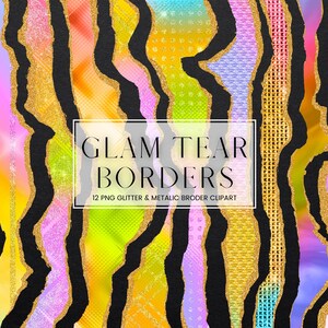Rainbow Glam Tear Border Clip Art, Luxury Metallic and Gold Glitter Ripped Border Clipart, PNG Metal Paper Border and Frames