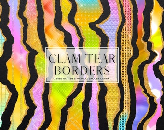 Rainbow Glam Tear Border Clip Art, imágenes prediseñadas de borde rasgado de brillo metálico y dorado de lujo, marcos y bordes de papel metálico PNG