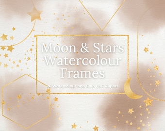 Imágenes prediseñadas de acuarela beige y marco dorado, luna dorada, imágenes prediseñadas de borde de estrella, superposiciones de marco cuadrado PNG transparente celestial, uso comercial