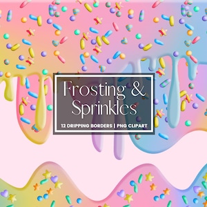 Dripping Frosting with Sprinkles Clipart, Rainbow Dipping Borders, Baby Shower PNG Cake Icing Drips, Invitation Clipart, Commercial Use