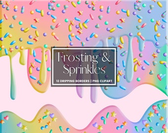 Dripping Frosting with Sprinkles Clipart, Rainbow Dipping Borders, Baby Shower PNG Cake Icing Drips, Invitation Clipart, Commercial Use