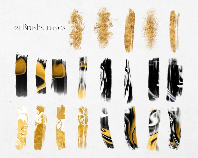 Swirling Monochrome Paint Clipart PNG Watercolour Paint Gold Brush Stroke Gold Glitter Clip Art Commercial Use Black White