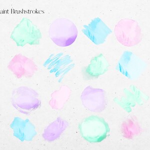 May include: A collection of 16 watercolor paint brushstrokes in various shades of pink, blue, green, and purple. The brushstrokes are on a white textured background.