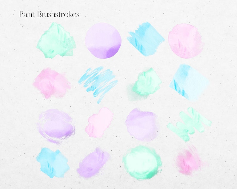 May include: A collection of 16 watercolor paint brushstrokes in various shades of pink, blue, green, and purple. The brushstrokes are on a white textured background.
