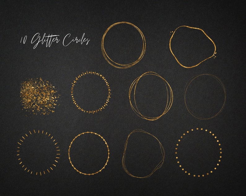 May include: Ten gold glitter circles on a black background. The circles are of various shapes and sizes, including round, oval, and irregular.