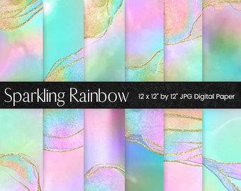 Rainbow Sparkling Digital Paper, Glitter Textures, Rainbow and Gold Glitter Background Pattern, Colourful Scrapbook Paper, Commercial Use