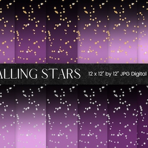 Vallend ster digitaal papier, goud glitter sterpatroon, paars zwart Ombre digitaal plakboekpapier, sterrennacht zilver glitter achtergrond