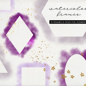 15 Purple Watercolor and Gold Foil Frame clipart, Lavender hand painted frames, transparent png frames watercolor invitation, commercial use
