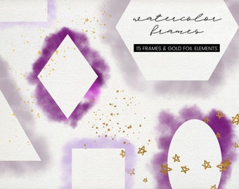 15 imágenes prediseñadas de color de acuarela púrpura y oro marco de lámina, marcos pintados a mano de lavanda, marcos png transparentes invitación de acuarela, uso comercial