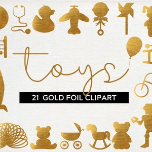 20 Gold Foil Children Toys Clipart Digital Baby shower kids invitation Clipart, teddy bear, rubber duck, aeroplane, rocking horse png