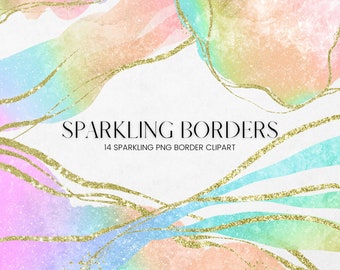 Sparkling Borders Clipart, Glowing Rainbow and Gold Glitter Border Overlay Digital Clip Art, Sparkling Transparent PNG Frame, Commercial Use
