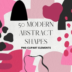 50 Abstract Shape Clip Art, Modern Pink and Black Brushstroke Shapes Clipart, Modern Paint PNG Digital Shapes, Commercial use