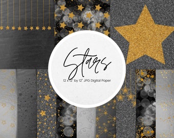 Papel digital Black and Gold Glitter Star, paquete de papel Black Foil Stars, fondo de pantalla de textura de fondo brillante, uso comercial