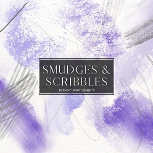 Könnte beinhalten: Eine digitale Illustration von 20 abstrakten Pinselstrichen und Kritzeleien in Lila und Grau. Der Text "SMUDGES & SCRIBBLES 20 PNG CLIPART ELEMENTS" befindet sich in einem schwarzen Rechteck.