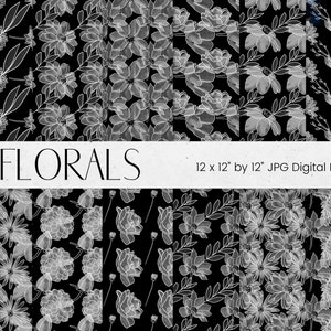 Watercolour Flower Pattern Digital Paper, Black and Grey Floral Background Pattern, Floral Texture Scrapbook Paper, Commercial Use