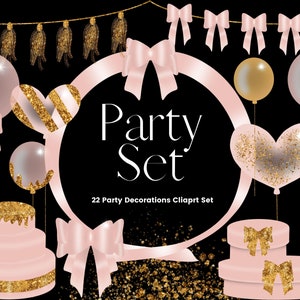 Pink and Gold Glitter Party Clipart Set, Pink Balloon Clipart, Party Decorations, Invitation Graphics, Birthday Cake Clipart, Commercial Use