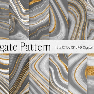 May include: Set of 8 digital papers featuring a gray and gold agate pattern. Each paper is 12 inches by 12 inches.