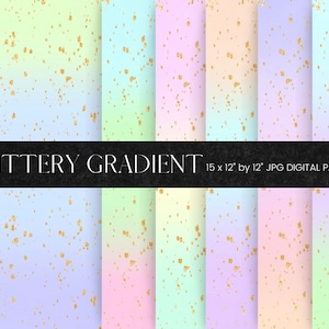 May include: Set of 15 digital papers featuring a gradient background with gold glitter. Each paper is 12 inches by 12 inches.