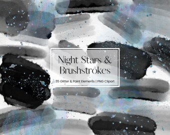 May include: A digital illustration of 35 black and white watercolor brushstrokes with silver glitter stars. The text "Night Stars & Brushstrokes" is in the center of the image.