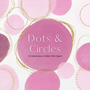 Pink Watercolour and Gold Glitter Circle Clipart, Gold Fine Line Glitter Circle Frames, Pink Transparent PNG Watercolour Circle Dot Clipart