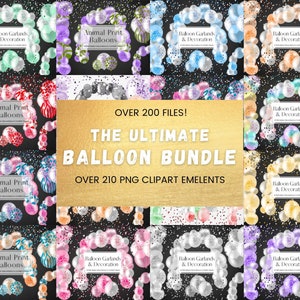 Puede incluir: Un paquete de clipart digital de más de 210 imágenes de globos. Las imágenes presentan varios diseños de globos, incluyendo estampados de animales, confeti y guirnaldas. Las imágenes son perfectas para crear invitaciones de fiesta, decoraciones y otros proyectos digitales.