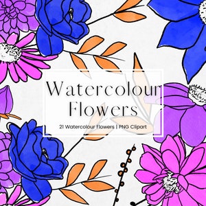 Watercolour Flowers Clipart, Blue, Purple Floral PNG, Transparent Watercolor Bouquet, Wedding Invitation Clip Art, Commercial License
