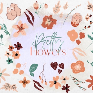 31 Pretty Flower Clipart, Floral Clip Art Set, Brown Beige Green Spring Flowers, Boho PNG Wedding Clipart, Commercial Use